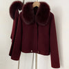 Winter Outerwear Women Cropped 100% Pure Wool Jacket Oversized Real Fox Fur Collar Zip Up Short Wool Coat Female