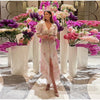 V-neck Organza Floral Chiffon Puff Sleeve Slit Long Dress Bodycon High Slit Bodycon Sexy Dresses Lady Chic Daily Sweet Date Robe