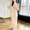 100% Merino Wool Women Long Dress Sweater V-Neck Pullover Long Dress Versatile Cashmere Knitwear Bottoming Clothing
