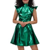 Women Metallic Shiny Dress Holographic Solid Color Turtleneck Pleated Dress Carnival Costume Gold Silver Rave Dress Outfits