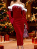 Women Christmas Dress Slim Fuzzy Trim Off Shoulder Long Sleeve Midi Bodycon Dress for Evening Party Club
