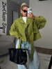 Autumn Women's Green Suede Short Jacket Loose Lapel Zipper Long Sleeve Bomber Coat Female Lady High Street Outwears