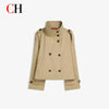 CH Women Tailored Double Breasted Stand Collar Cropped Trench Coat Shoulder Strap Cuff Buckle Business Commute Layer Outerwear