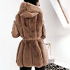 Women's Warm Faux Fur Coat with Belt, Thick Long Coat, Hooded Zipper, Autumn, Winter, Fur Coat Women