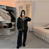 Casual Women's Knit Contrast Fleece Coats Stand Collar Zipper Pockets Full Sleeve Jackets Spring Lady Warm Outwear
