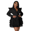 Vintage Women Single Breasted Notched Neck Puff Long Sleeve Mesh Cascading Ruffles Big Swing Blazer Dress Chic Vestidos