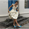 Polka Dot Puff Sleeve Dress Women's V-neck Waist Cinching Pleated Mini Dresses Spring Lady Elegant Casual Wear