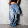 Women's Patchwork Asymmetric Jeans High Street Holes Wide Leg Vintage Casual Streetwear Denim Trousers