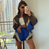 Women's Shorts 2 Pcs Sets Panelled Lantern Long Sleeve Ruched Zipper Loose Coats Lace Up Short Pants Chic Lady Sporty Outfit