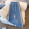 Pant Set Women Two Piece Sets Denim Splice Zipper Matching Sets Casual Coats Wide Leg Long Pants Lace Up Elastic Waist