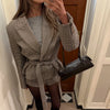 Checked Lapel Jacket Shorts Set Women Long Sleeve Buttons Belt Pocket Loose Blazer Suit Lady Office Commute Outfit