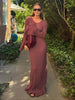 Pleated Wavy Knit Maxi Dress For Women Lace-up Long Sleeve Loose Casual Sweater Dress Female Party Clothes Solid Elegant