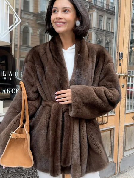 Elegant Lace Up Women Faux Fur Coat V-neck Long Sleeve Loose Plush Jacket Winter Lady Warm Daily Commute Outwear