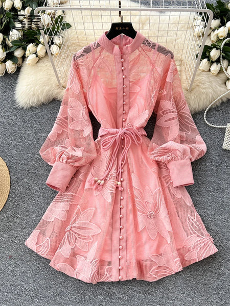 Women Elegant Floral Emboridery Dress Hollow Out Long Sleeve Single Breasted Belt French Court Chic Short A Line Dress