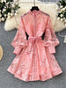 Women Elegant Floral Emboridery Dress Hollow Out Long Sleeve Single Breasted Belt French Court Chic Short A Line Dress