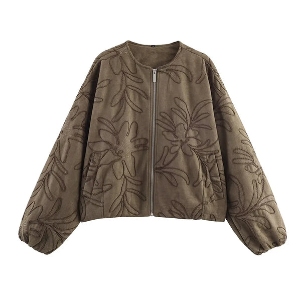 Women Faux Suede Embroidery Jacket Vintage Long Sleeve O Neck Loose Outerwear Short Autumn Winter Coat