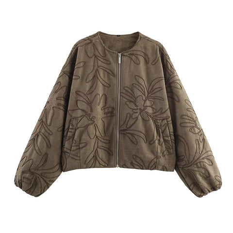 Women Faux Suede Embroidery Jacket Vintage Long Sleeve O Neck Loose Outerwear Short Autumn Winter Coat