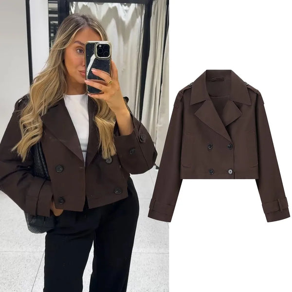 Brown Trench Coat Woman Long Sleeve Urban Solid Cropped Women's Trench Coat Casual Classic Jackets Outerwears