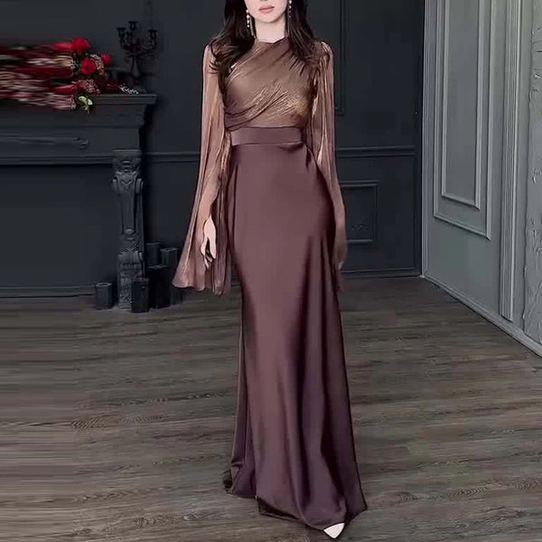 Vintage High Waisted Women Satin Long Dress Ladies Temperament Crew Collar Dresses Elegant Slim Long Sleeve Banquet Dresses