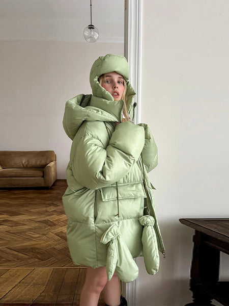 Women's Oversized Quilted Jacket With Hooded Stand Collar Long Sleeve Zipper Pocket Coat Lady Warm Winter Outerwear