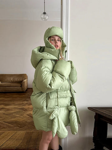 Women's Oversized Quilted Jacket With Hooded Stand Collar Long Sleeve Zipper Pocket Coat Lady Warm Winter Outerwear