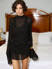 Black Sheer Long Sleeve Dress Women Pleated Patchwork Short Dresses Cocktail Party Sexy See Through Dress