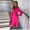 Elegant Long Sleeved Dress Women Solid Color Slim Fit Sexy Pleated Design Lapel Lantern Sleeve Shirt Dress