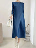 Pleated Solid Color Dress For Women Round Neck Loose Mid-calf Dresses Office Lady Female Spring 2N749