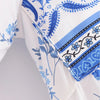 Boho White Blue Totem Print Bow Lacing up Neck Long Straight Dress Women Viscose Cotton Full Sleeve Maxi Robe Holiday