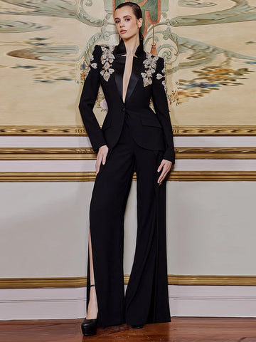 High Street Designer Suit Women Beaded Diamonds Stand Collar Single Button Blazer Wide-leg Pants Set 2PCS