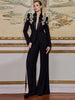 High Street Designer Suit Women Beaded Diamonds Stand Collar Single Button Blazer Wide-leg Pants Set 2PCS