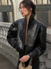 Croc Embossed Cropped Faux Leather Jacket High Stand Collar Long Sleeve Oversized Women Jackets Autumn Chic Coats