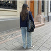 Woolen Dark Blue Jacket Women Autumn Single Breasted Stand Collar Loose Female Coat Office Lady Street Short Outwear Tops