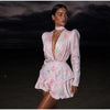 Women's Pink Floral Print Puff Sleeve Dress With Waistband Deep V-neck Chic Satin Ruffled Hem Mini Dress Elegant Sexy Robes