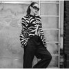 Zebra Striped Faux Fur Jacket Women Stand Collar Burgundy Velvet Patch Pocket Single Breasted Coat Autumn Street Jackets