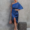 Womens Satin One Shoulder Batwing Sleeve Ruched Bodycon Midi Long Dress Asymmetrical Wrap Front Cocktail Party Dresses
