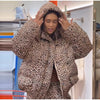 Leopard Print Women's Winter Down Jacket Pant Set Hooded Full Sleeve Zipper Jacket Elastic Waist Pants Warm Padded Coat Set