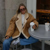 French Vintage Lamb Wool Women Coat Patchwork Full Sleeve Lapel Parka Coat Loose Winter Warm Jacket Thicken Pocket Lady Overcoat