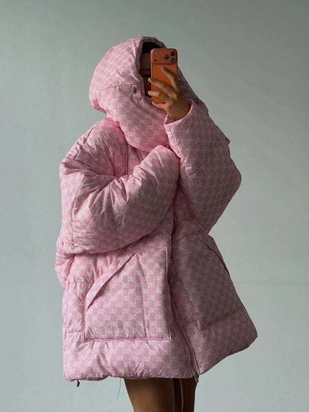 Oversized Printed Thicken Women's Coat With Hooded Loose Full Sleeve Zippers Pocket Cotton-padded Coats Winter Lady Outwear