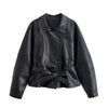 Women Black Short Faux Leather Trench Coat Long Sleeve Lapel Jacket With Belt Vintage Lady Motorcycle Jacket Outwear