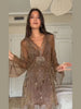 Vintage Sequin Sheer Mini Dress For Women Chic Floral Embroidery V-neck Long Sleeve Ruffled Hem Dresses Party Cocktail Dress