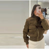 Vintage Cropped Women's Bomber Jacket Coat Faux Suede Stand Collar Short Outerwear High Street Female Casual Work Outfit