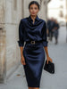Elegant Temperament Satin Shirt Dress for Women Spring Solid Long-sleeved Blouse Dress Casual Office Lady Midi Dresses