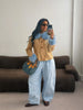 Deer Print Faux Fur Cropped Jacket Women Blue Contrast Lapel Cuff Button Up Fluffy Warm Coat Winter Casual Street Outwear