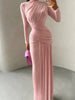 Folds Maxi Dress Women o-Neck Full Sleeve Solid Banquet Elegant Vacation Autumn Skinny Casual Simple Vestidos