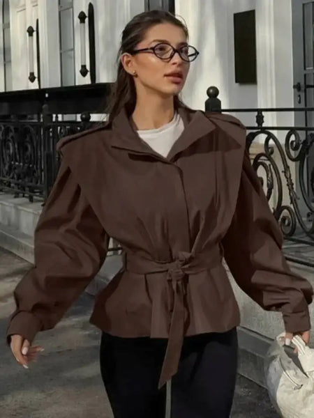 Solid Lace Up Short Trench Coat Lady Chic Stand Collar Wide Shoulder Full Sleeve Loose Coats Daily Casual Windbreaker