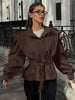 Solid Lace Up Short Trench Coat Lady Chic Stand Collar Wide Shoulder Full Sleeve Loose Coats Daily Casual Windbreaker
