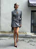 Women Grey Stand‑collar Keyhole Blazer Mini Skirt 2 Piece Set Chic Long‑sleeve Fitted Suit Lady Street Commute Outwear