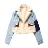 Women Padded Jacket Denim Splicing Jacket Winter Lamb's Wool Liner Thickened Short Section Biker Jacket Cotton Jacket