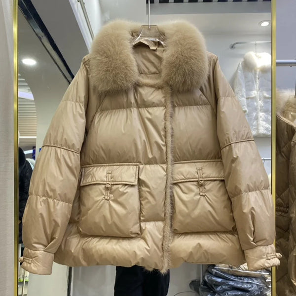 Lagabogy Winter Women Real Fox Fur 90% White Duck Down Jacket Short Puffer Coat Female Vintage Mink Fur Patchwork Parka